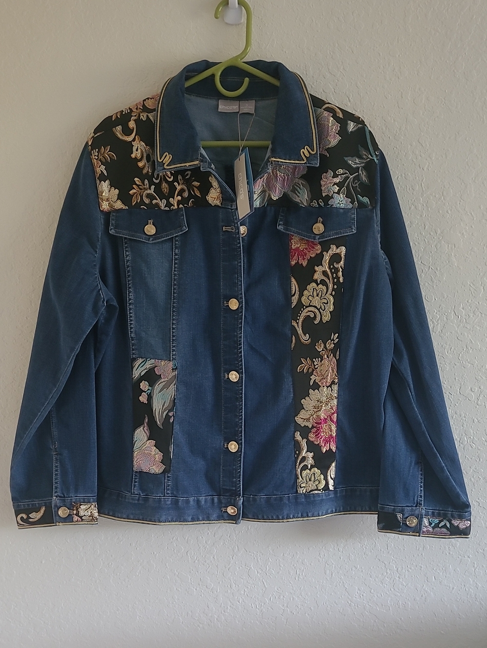 Chico's Denim Jacket with Black Floral Brocade Accents